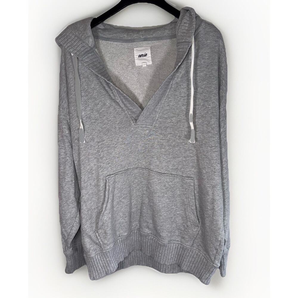Aerie Down To Earth Heather Gray Deep V Oversized Relax Fit Hoodie Sweatshirt M